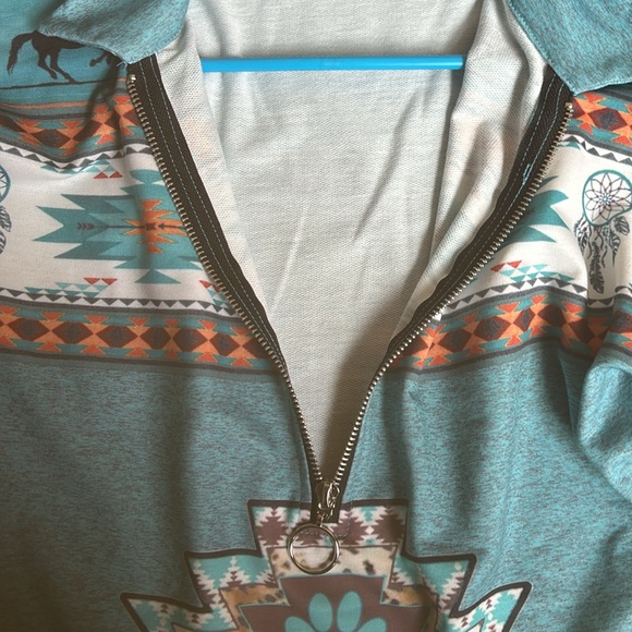 Blue Aztec Horse Print Half-Zip Up Jacket Womens 1XL Fits like Medium - Picture 7 of 9